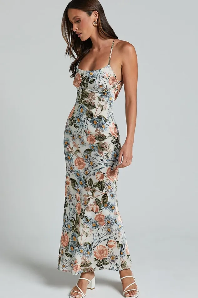 Constanzie Maxi Dress 8211 Open Tie Back Dress In Peach Floral Women Showpo Dresses