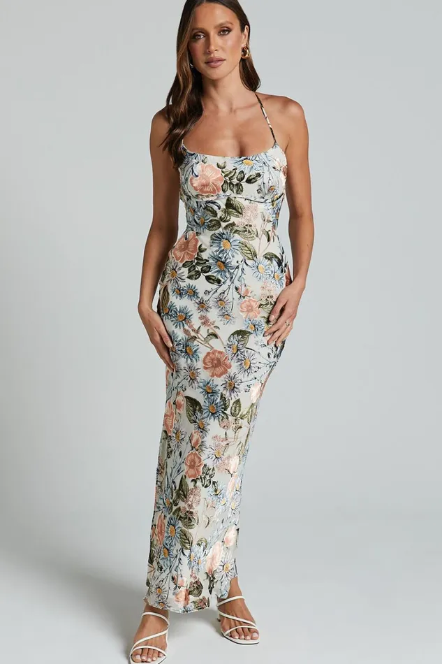 Constanzie Maxi Dress 8211 Open Tie Back Dress In Peach Floral Women Showpo Dresses