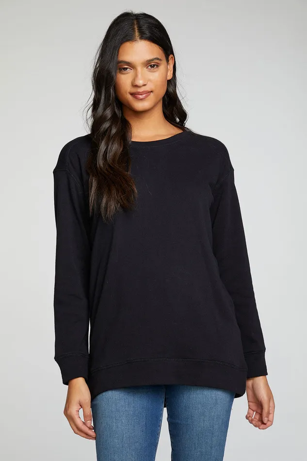Cotton Fleece Long Sleeve Crew Neck Hi Lo Pullover Womens Tops Chaser Brand