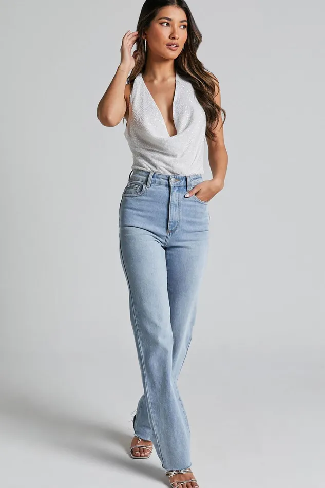 Cynthina Top 8211 Sequin Cowl Halter Neck Tie In White Women Showpo Tops