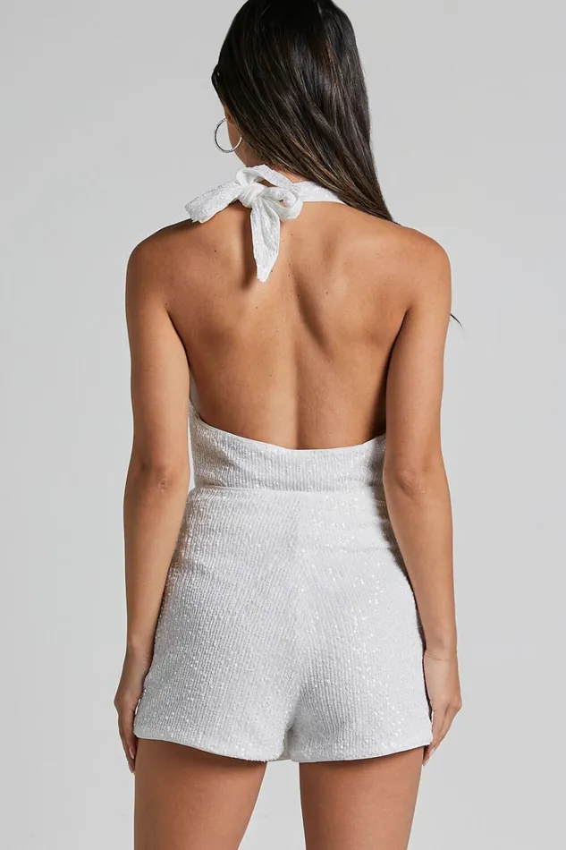 Cynthina Top 8211 Sequin Cowl Halter Neck Tie In White Women Showpo Tops