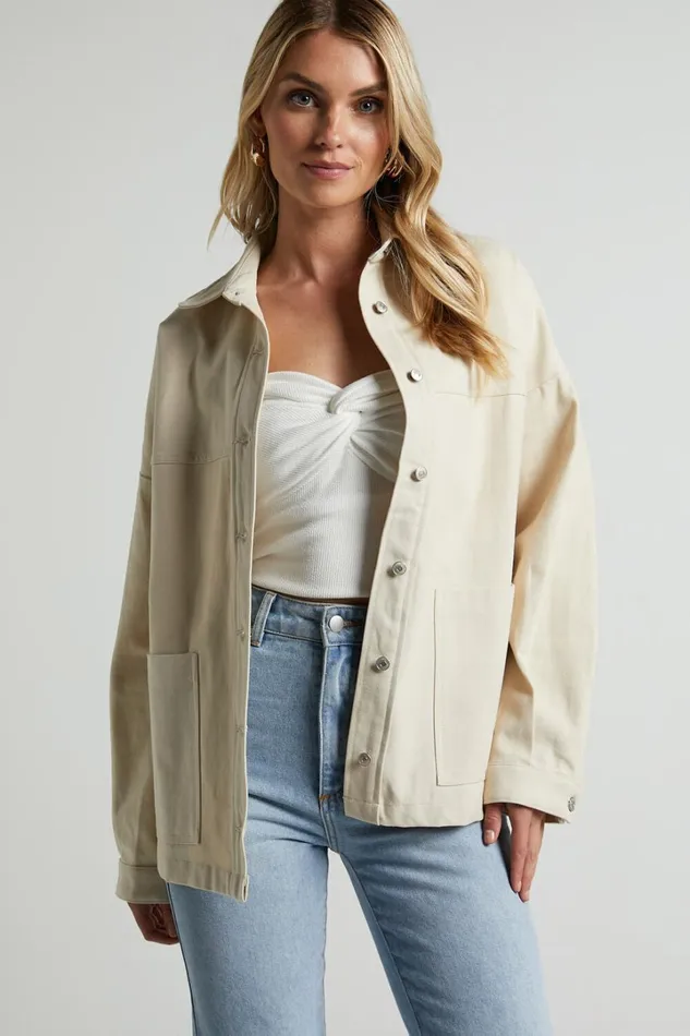 Dallas Jacket 8211 Collared Button Through Long Sleeve In Stone Women Showpo Jackets and Coats