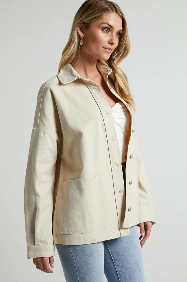 Dallas Jacket 8211 Collared Button Through Long Sleeve In Stone Women Showpo Jackets and Coats