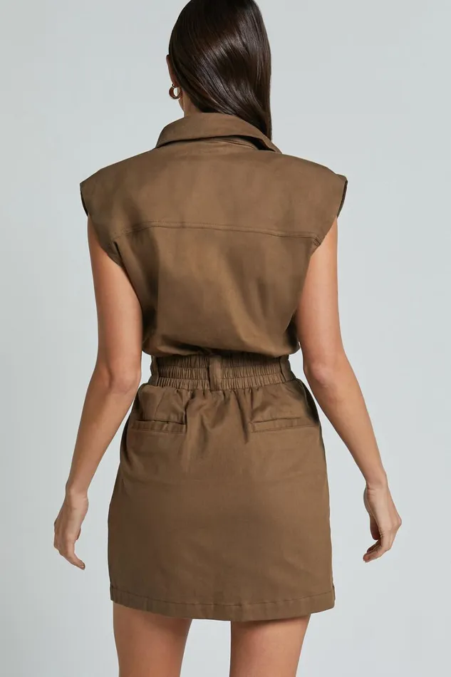 Dana Mini Dress 8211 Collared Button Front Utility Dress In Khaki Women Showpo Curve Clothes