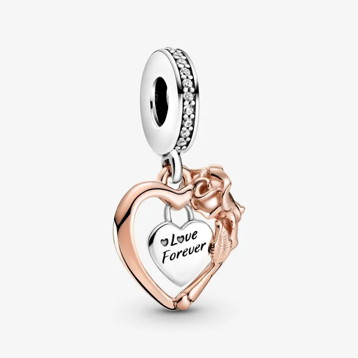 Dangle Charms Women Pandora Heart and Rose Flower Dangle Charm