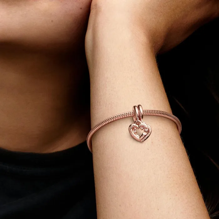 Dangle Charms Women Pandora Linked Sister Hearts Split Dangle Charm Rose Gold Plated