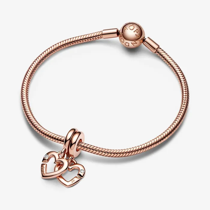 Dangle Charms Women Pandora Linked Sister Hearts Split Dangle Charm Rose Gold Plated