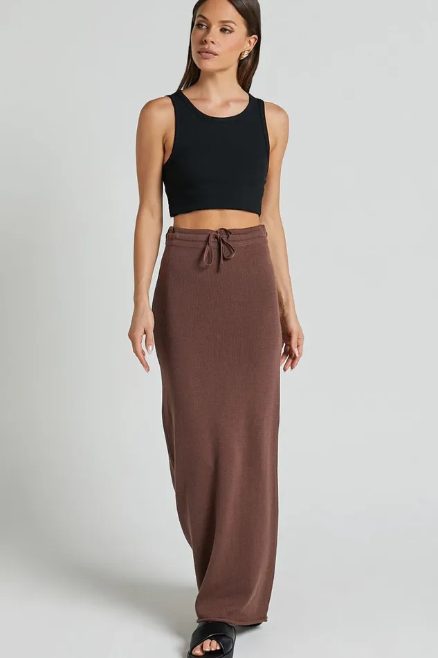Dasuri Knit Maxi Skirt 8211 Drawstring Skirt In Chocolate Women Showpo Conscious