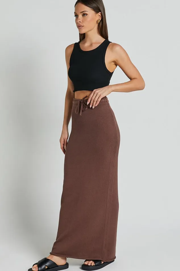 Dasuri Knit Maxi Skirt 8211 Drawstring Skirt In Chocolate Women Showpo Conscious