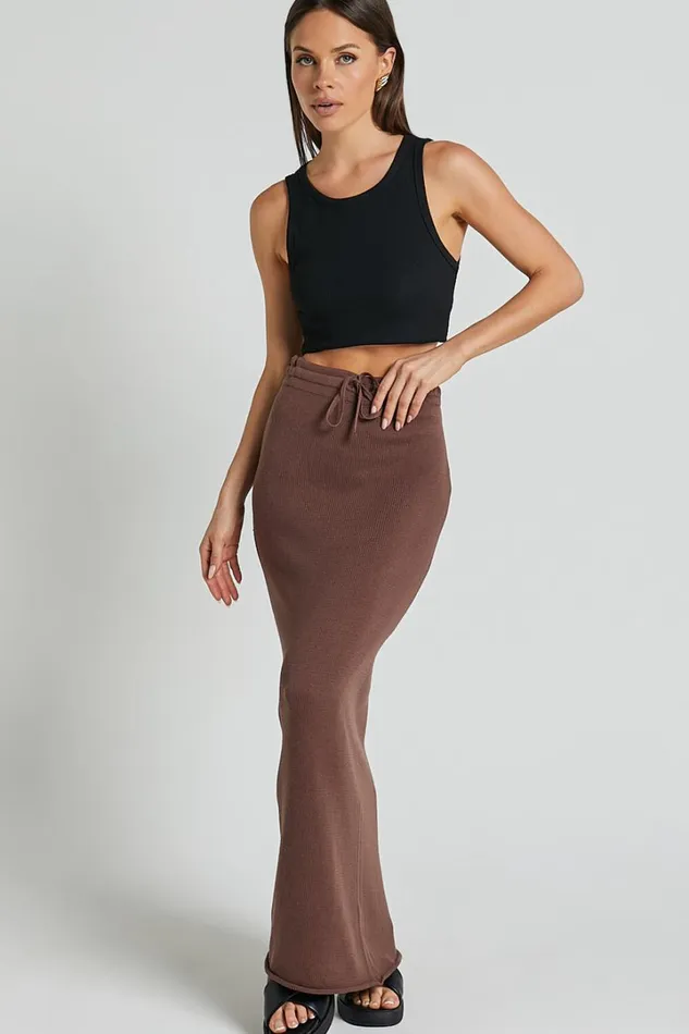 Dasuri Knit Maxi Skirt 8211 Drawstring Skirt In Chocolate Women Showpo Conscious