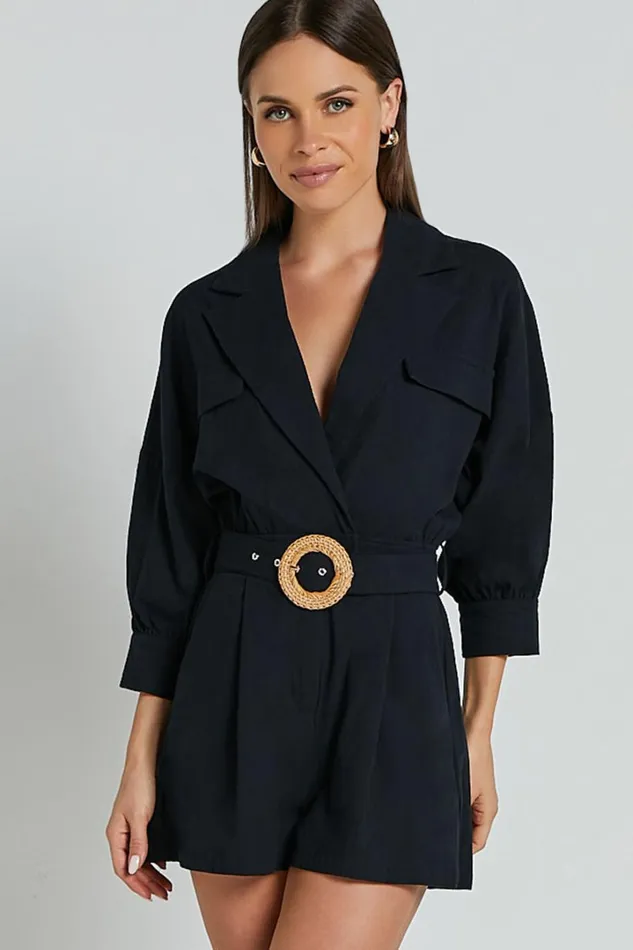 Deacon Playsuit 8211 Collared 34 Sleeve Belted Playsuit In Black Women Showpo Rompers