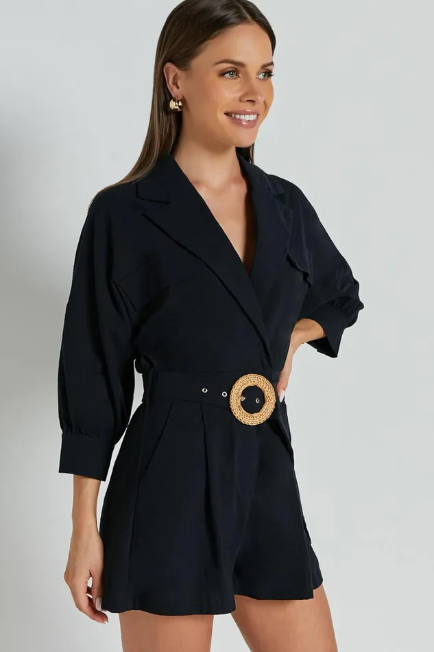 Deacon Playsuit 8211 Collared 34 Sleeve Belted Playsuit In Black Women Showpo Rompers