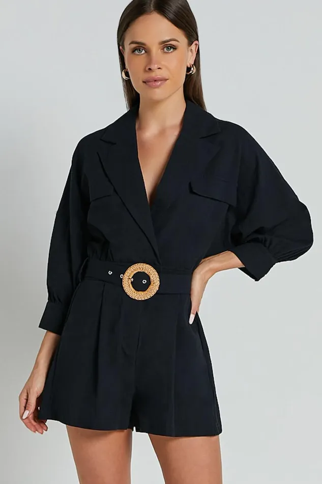 Deacon Playsuit 8211 Collared 34 Sleeve Belted Playsuit In Black Women Showpo Rompers