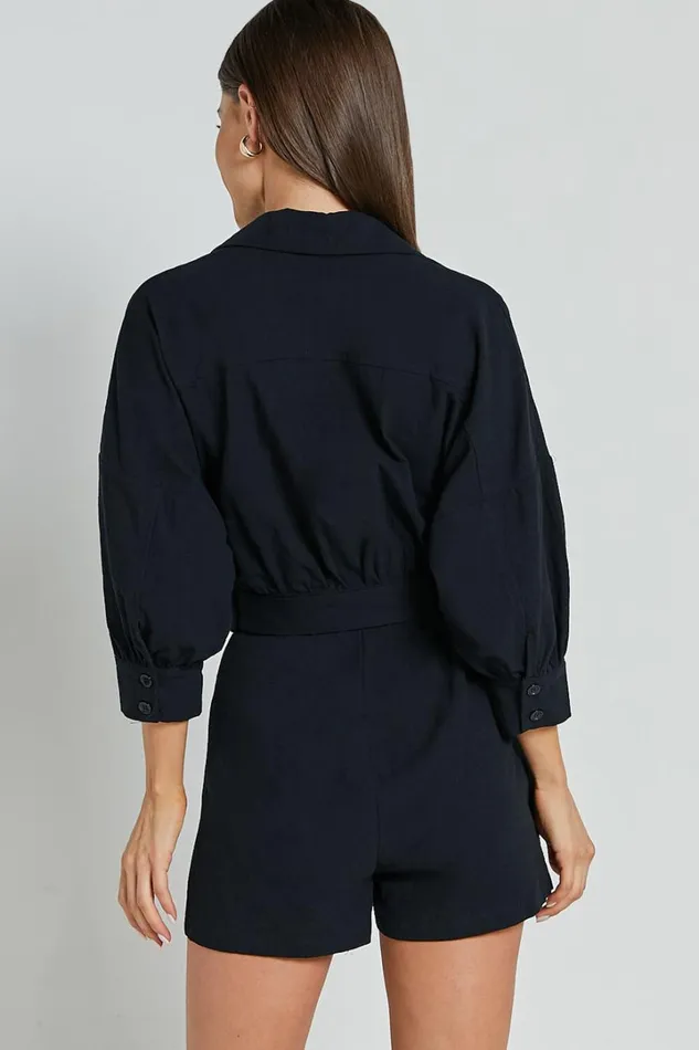 Deacon Playsuit 8211 Collared 34 Sleeve Belted Playsuit In Black Women Showpo Rompers