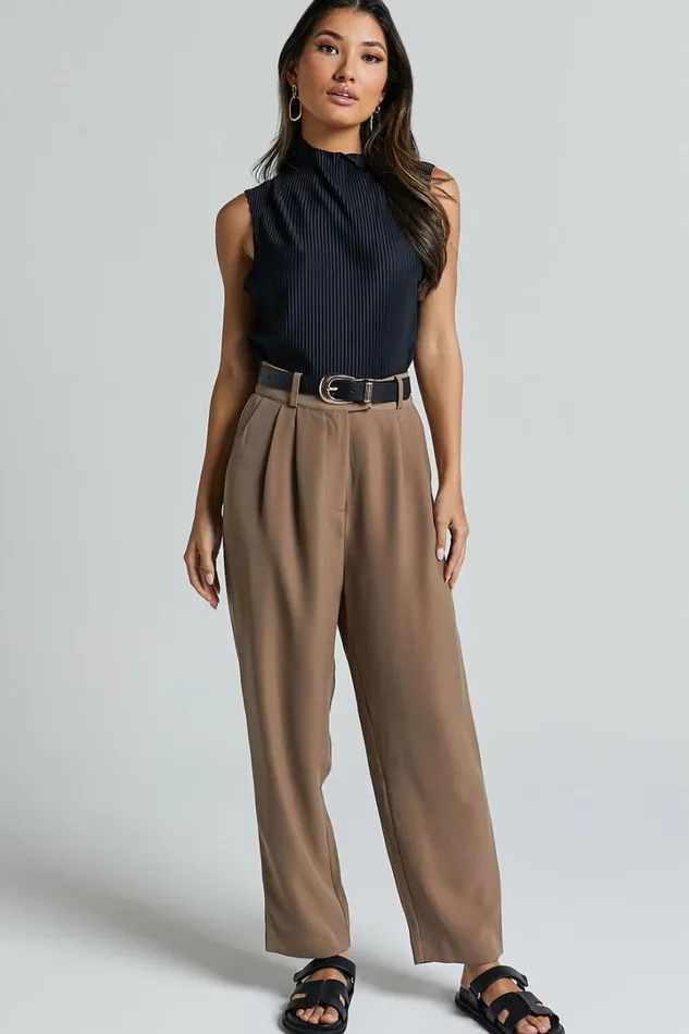 Delailah Pants 8211 Tailored High Waisted Pleat Front Tapered Leg In Cappuccino Women Showpo Pants