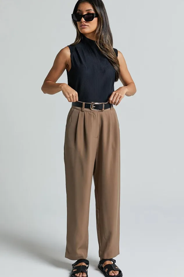 Delailah Pants 8211 Tailored High Waisted Pleat Front Tapered Leg In Cappuccino Women Showpo Pants