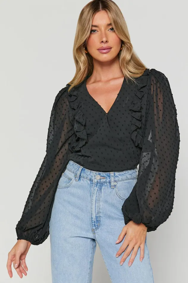 Delilah Bodysuit 8211 V Neck Long Blouson Sleeve Bodysuit In Black Women Showpo Tops