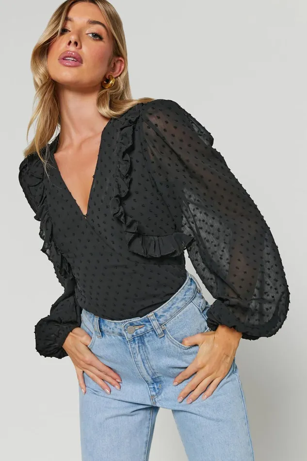 Delilah Bodysuit 8211 V Neck Long Blouson Sleeve Bodysuit In Black Women Showpo Tops