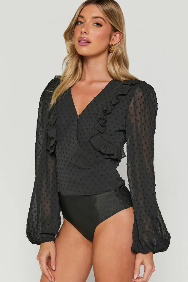 Delilah Bodysuit 8211 V Neck Long Blouson Sleeve Bodysuit In Black Women Showpo Tops