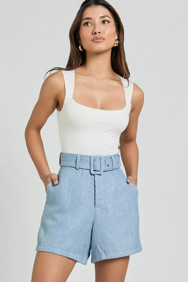 Delilah Shorts 8211 High Waist Belted A Line Tweed Shorts In Blue Women Showpo Shorts