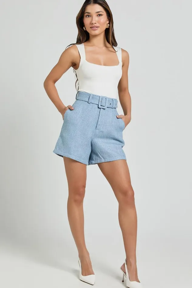 Delilah Shorts 8211 High Waist Belted A Line Tweed Shorts In Blue Women Showpo Shorts