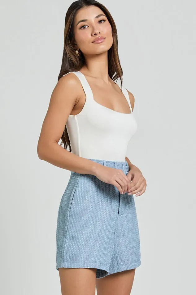 Delilah Shorts 8211 High Waist Belted A Line Tweed Shorts In Blue Women Showpo Shorts