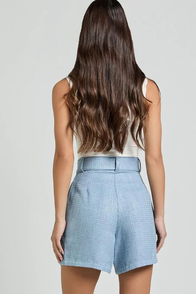 Delilah Shorts 8211 High Waist Belted A Line Tweed Shorts In Blue Women Showpo Shorts