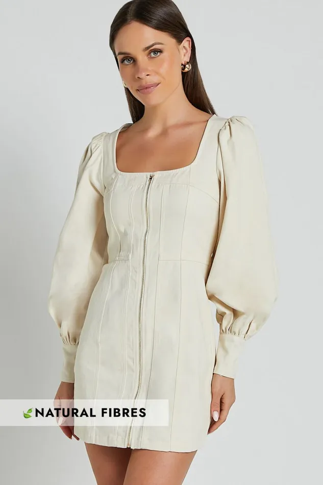 Desiree Mini Dress 8211 Long Sleeve Zip Front Dress In Natural Women Showpo Conscious