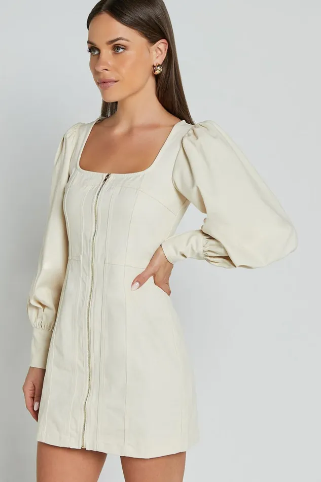 Desiree Mini Dress 8211 Long Sleeve Zip Front Dress In Natural Women Showpo Conscious
