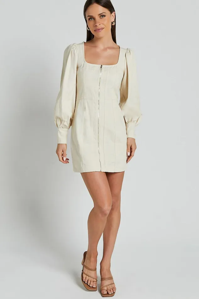 Desiree Mini Dress 8211 Long Sleeve Zip Front Dress In Natural Women Showpo Conscious