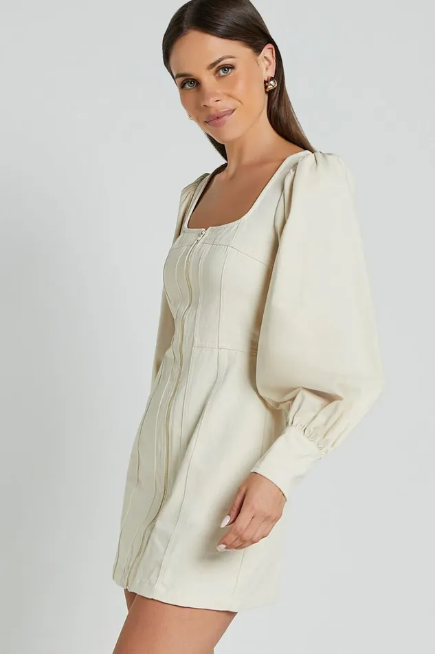 Desiree Mini Dress 8211 Long Sleeve Zip Front Dress In Natural Women Showpo Conscious