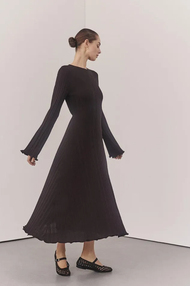 DISSH Long Sleeve Dresses SYLVIA BITTER CHOC KNIT MIDI DRESS 8211 Women
