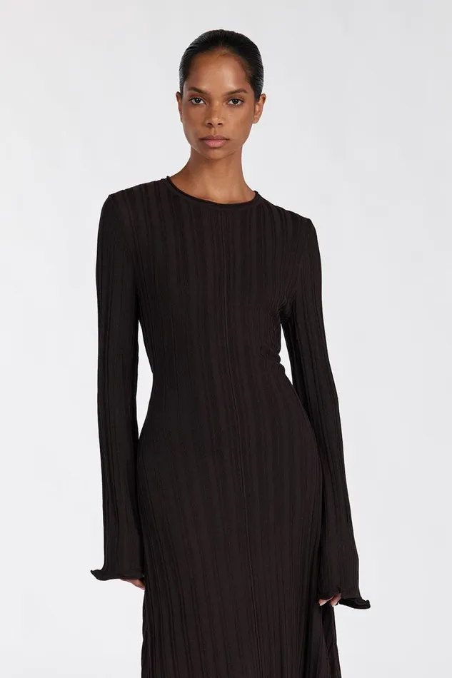 DISSH Long Sleeve Dresses SYLVIA BITTER CHOC KNIT MIDI DRESS 8211 Women