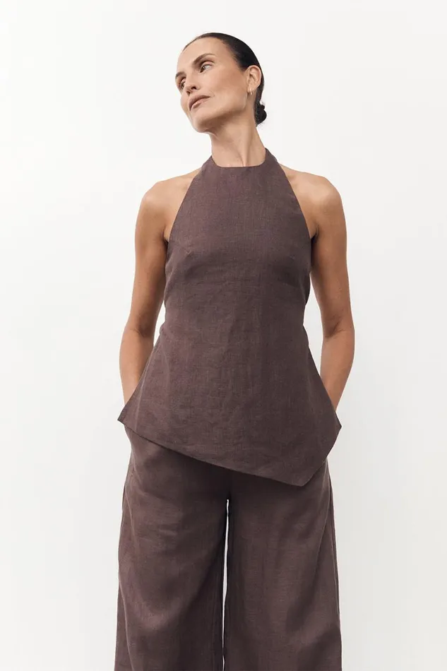 DISSH Tops SERENA CHOC LINEN ASYM HALTER TOP 8211 Women