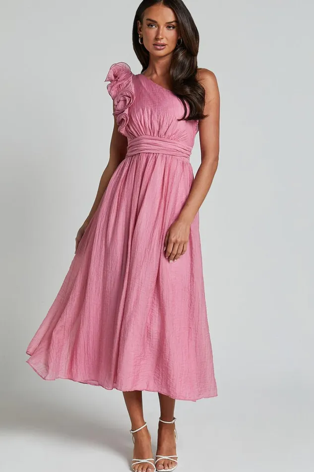 Dorothy Midi Dress 8211 One Shoulder Frill Detail Fit And Flare Dress In Pink Women Showpo Dresses Dorothy Midi Dress 8211 One Shoulder Frill Detail Fit And Flare Dress In Pink Women Showpo Dresses