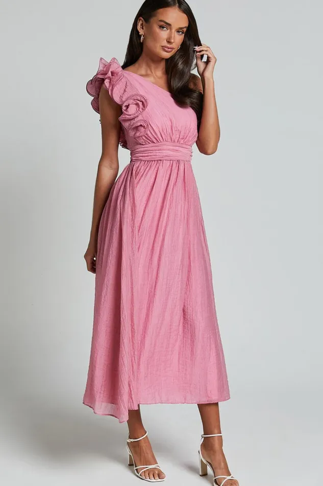 Dorothy Midi Dress 8211 One Shoulder Frill Detail Fit And Flare Dress In Pink Women Showpo Dresses