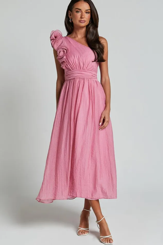 Dorothy Midi Dress 8211 One Shoulder Frill Detail Fit And Flare Dress In Pink Women Showpo Dresses