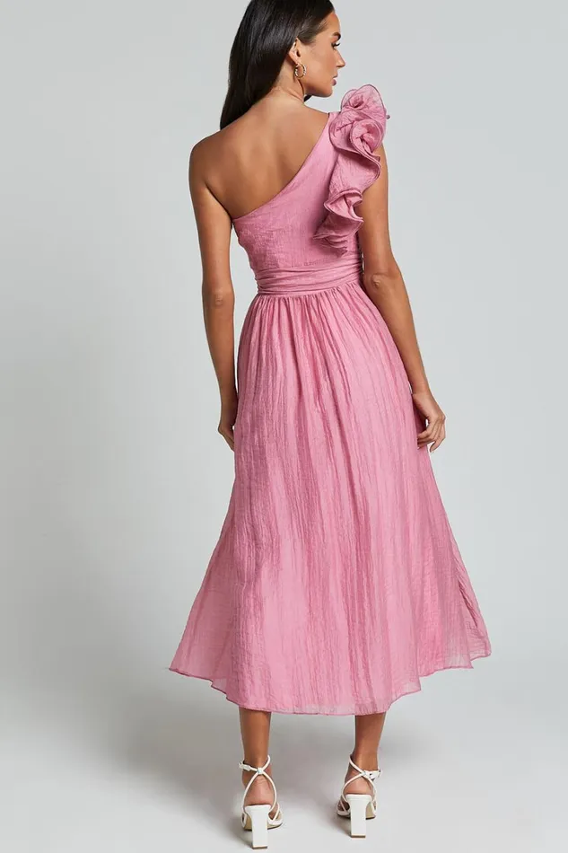 Dorothy Midi Dress 8211 One Shoulder Frill Detail Fit And Flare Dress In Pink Women Showpo Dresses