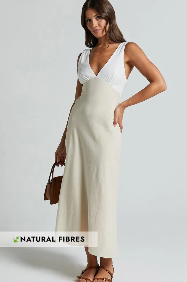 Dovie Midi Dress 8211 Linen Look V Neck Low Back Cut Out Flare Dress In Beige And White Women Showpo Conscious Dovie Midi Dress 8211 Linen Look V Neck Low Back Cut Out Flare Dress In Beige And White Women Showpo Conscious