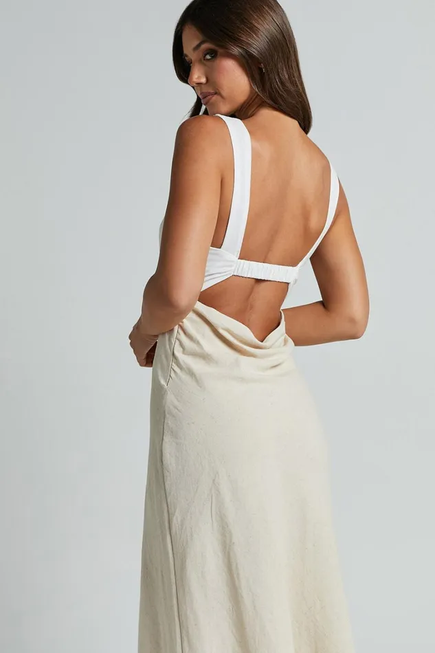 Dovie Midi Dress 8211 Linen Look V Neck Low Back Cut Out Flare Dress In Beige And White Women Showpo Conscious