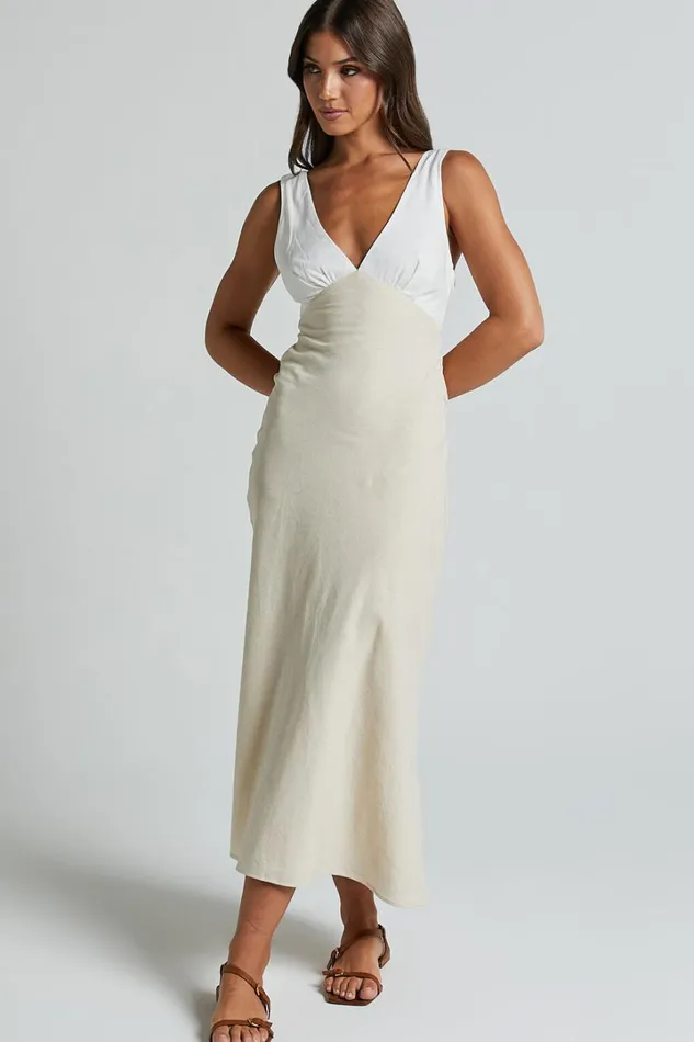 Dovie Midi Dress 8211 Linen Look V Neck Low Back Cut Out Flare Dress In Beige And White Women Showpo Conscious