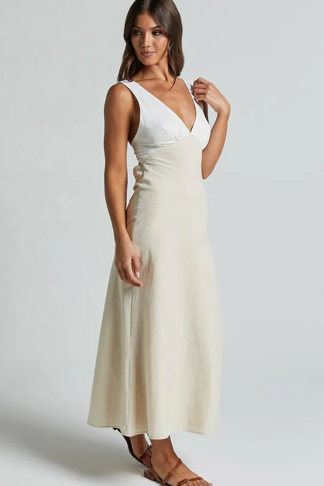 Dovie Midi Dress 8211 Linen Look V Neck Low Back Cut Out Flare Dress In Beige And White Women Showpo Conscious