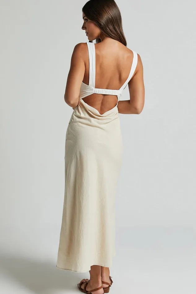 Dovie Midi Dress 8211 Linen Look V Neck Low Back Cut Out Flare Dress In Beige And White Women Showpo Conscious