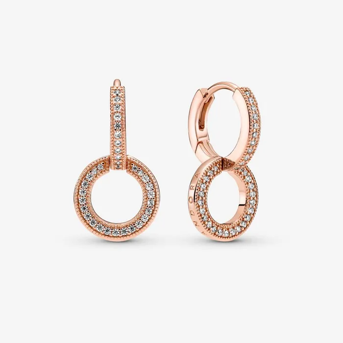 Drop Earrings Women Pandora Sparkling Double Hoop Earrings Rose Gold Plated