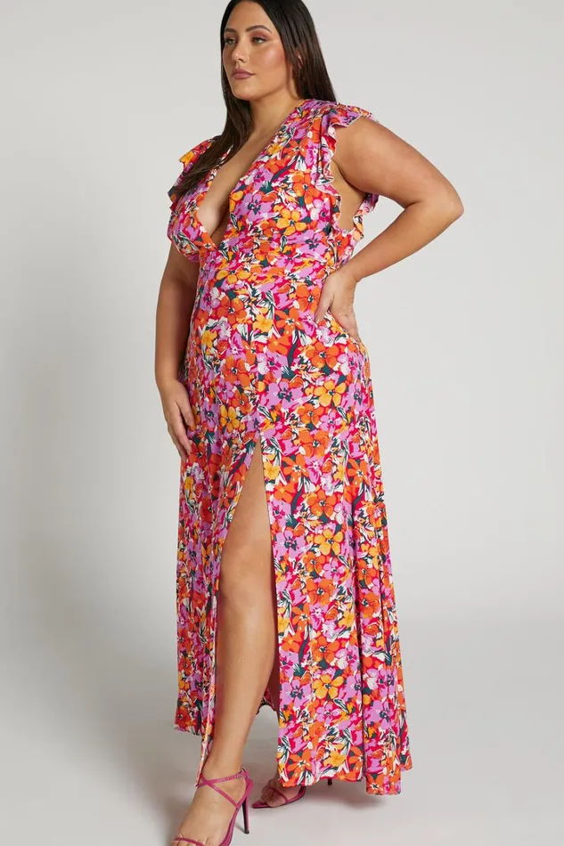 Dyliah Midi Dress 8211 Thigh Split Frill Shoulder Plunge Neck Dress In Spring Floral Women Showpo Curve Clothes