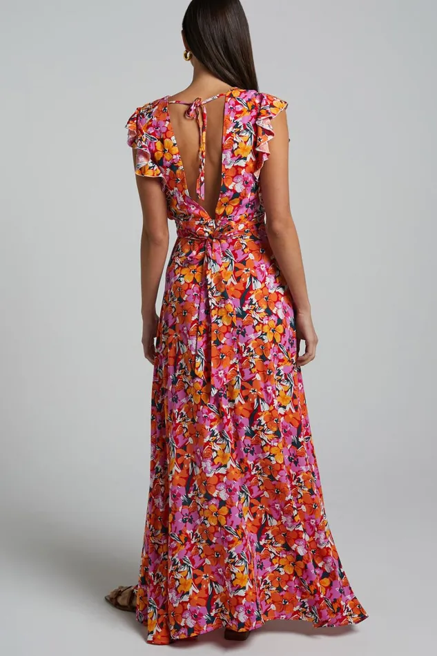 Dyliah Midi Dress 8211 Thigh Split Frill Shoulder Plunge Neck Dress In Spring Floral Women Showpo Curve Clothes