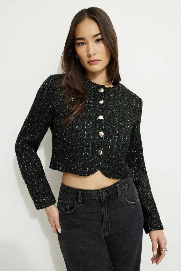 Dynamite Blazers and Vests Women Margaux Metallic Tweed Cropped Blazer BLACK