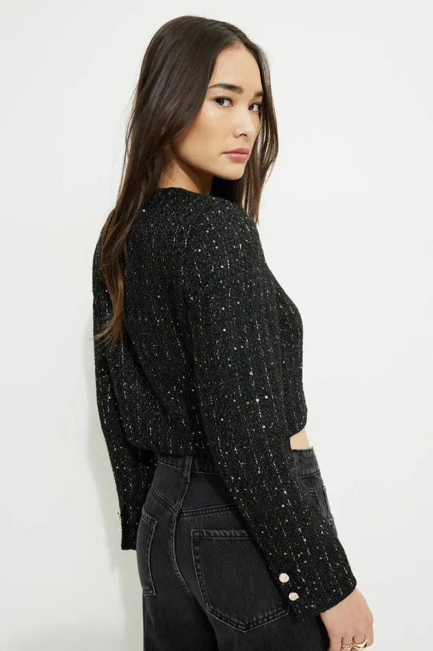 Dynamite Blazers and Vests Women Margaux Metallic Tweed Cropped Blazer BLACK