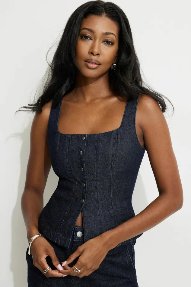 Dynamite Blouses and Tops Women Snap Front Denim Corset Top Blue