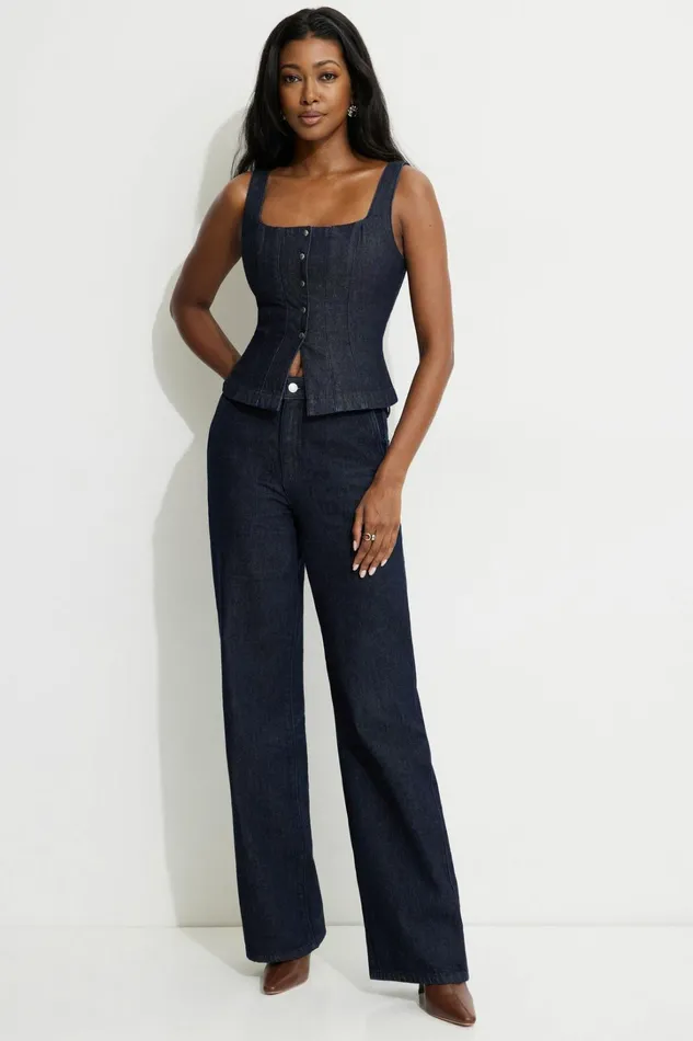 Dynamite Blouses and Tops Women Snap Front Denim Corset Top Blue